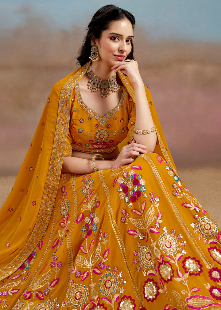 Yellow Sequins And Zari With Dori And Resham Embroidery Work Georgette Lehenga