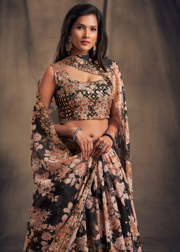 Black Organza Lehenga Sequins Zari Embroidery Work