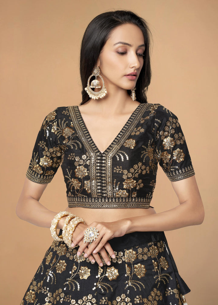 Black Slub Silk Lehenga with Zari Sequins and Dori Embroidery Work