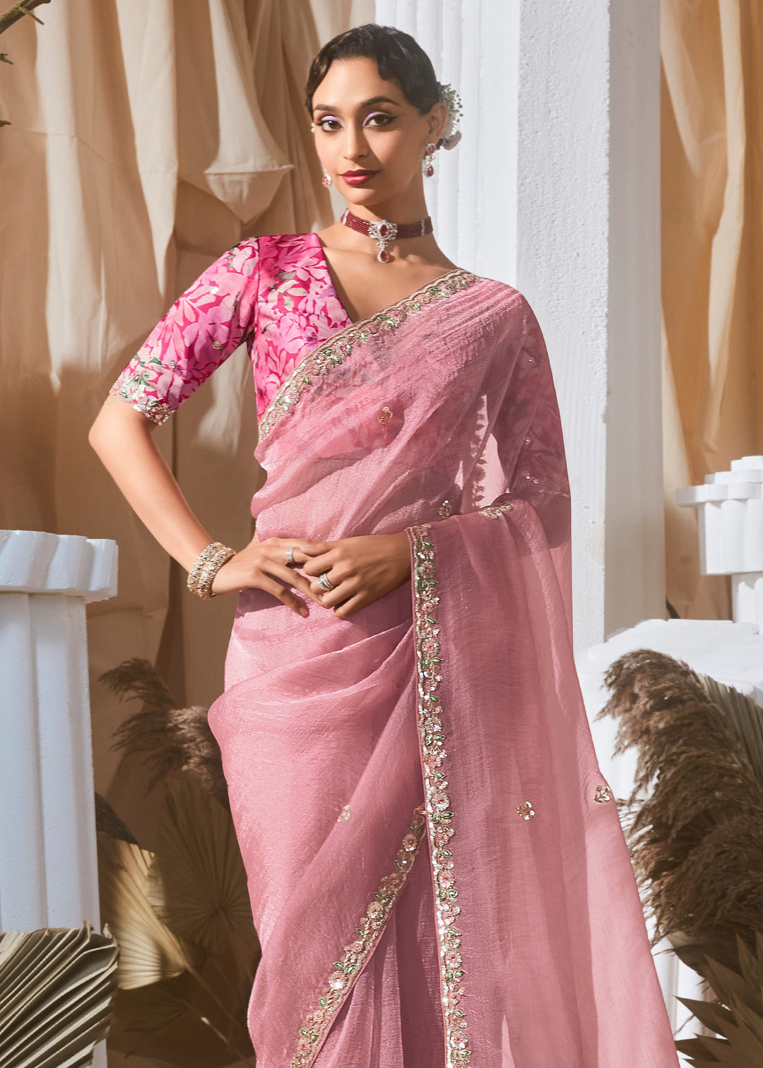 Light Pink Fancy Silk Saree With Printed Blouse