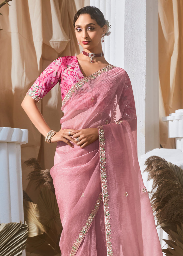 Light Pink Fancy Silk Saree With Printed Blouse