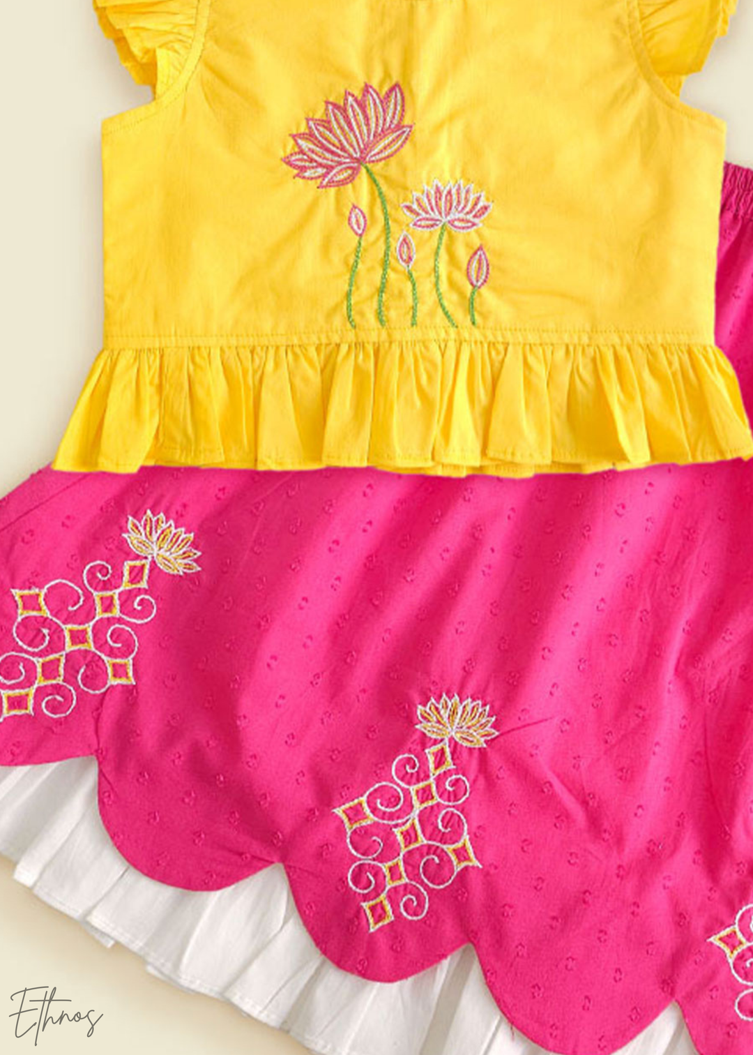 Organic Cotton Yellow and Pink Crop Top with Lehenga