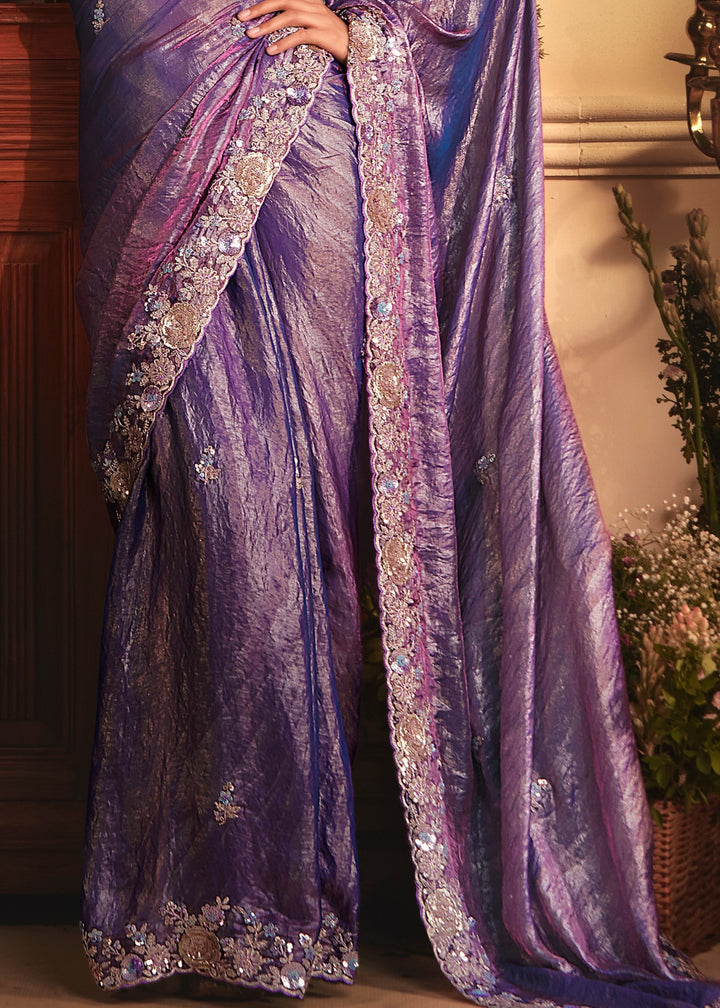 Royal Purple Tissue Organza Saree With Heavy Embroidery