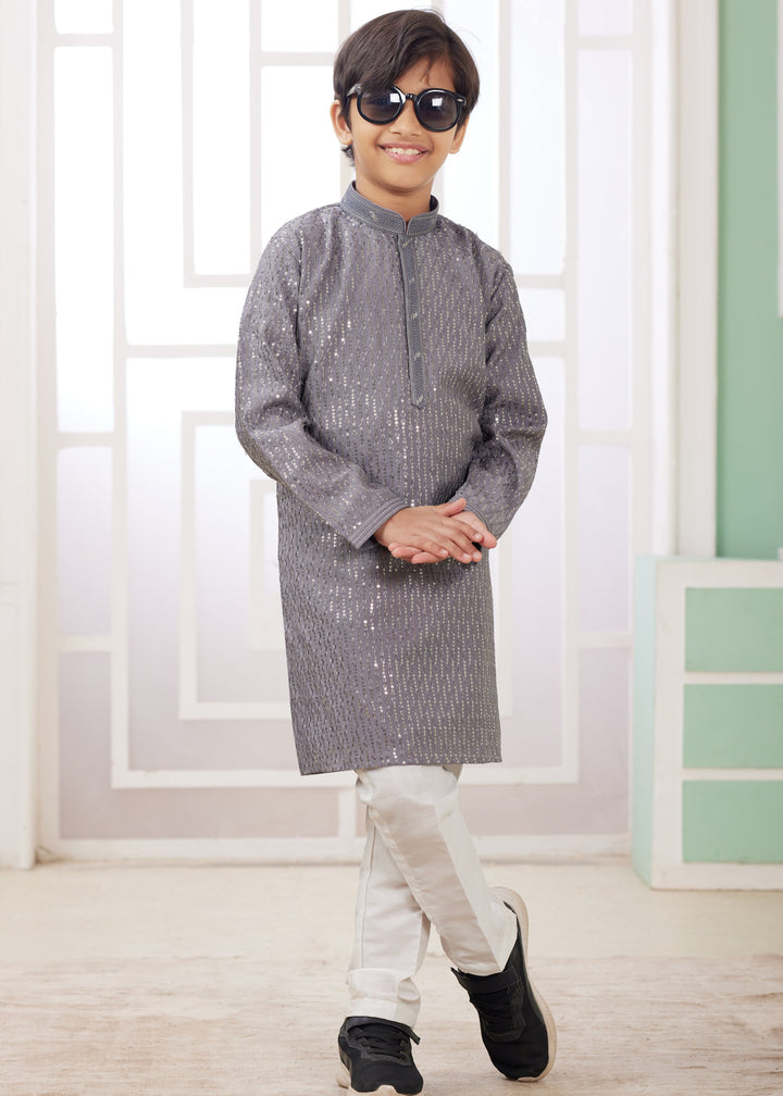 Flint Grey Silk Mens Kurta Set With Thread Embroidery Work