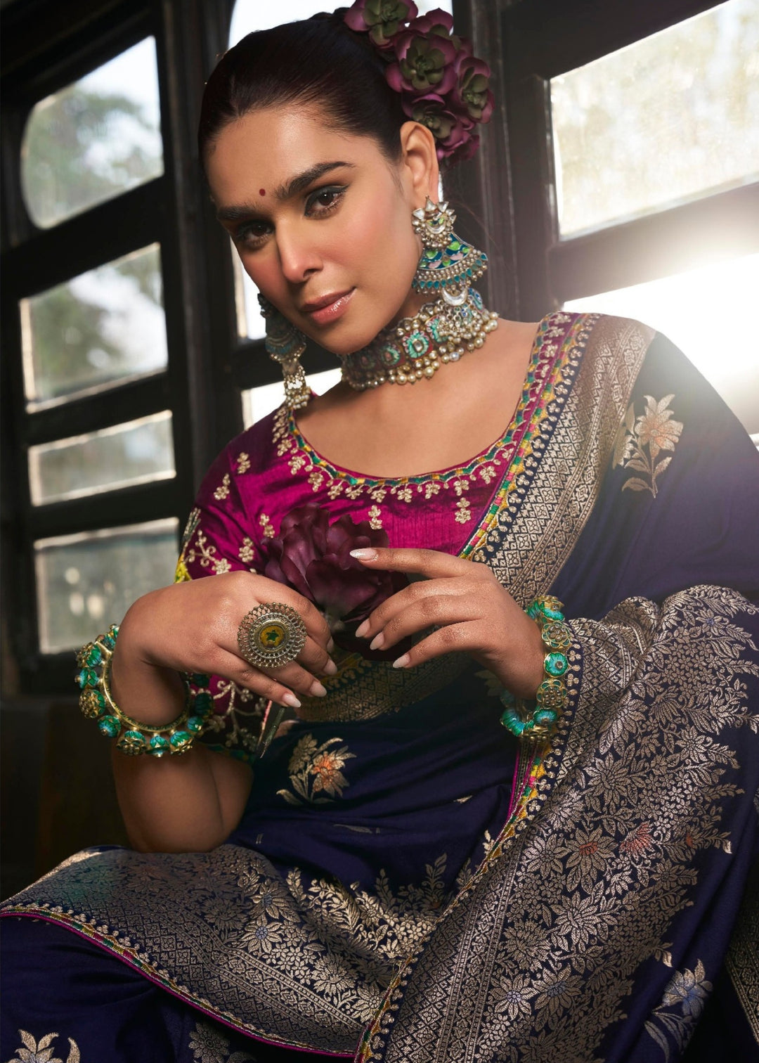 Navy Blue Soft Dola Viscous Silk with 3d Weaved Pallu and contrast blouse Saree