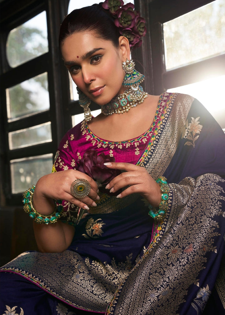 Navy Blue Soft Dola Viscous Silk with 3d Weaved Pallu and contrast blouse Saree