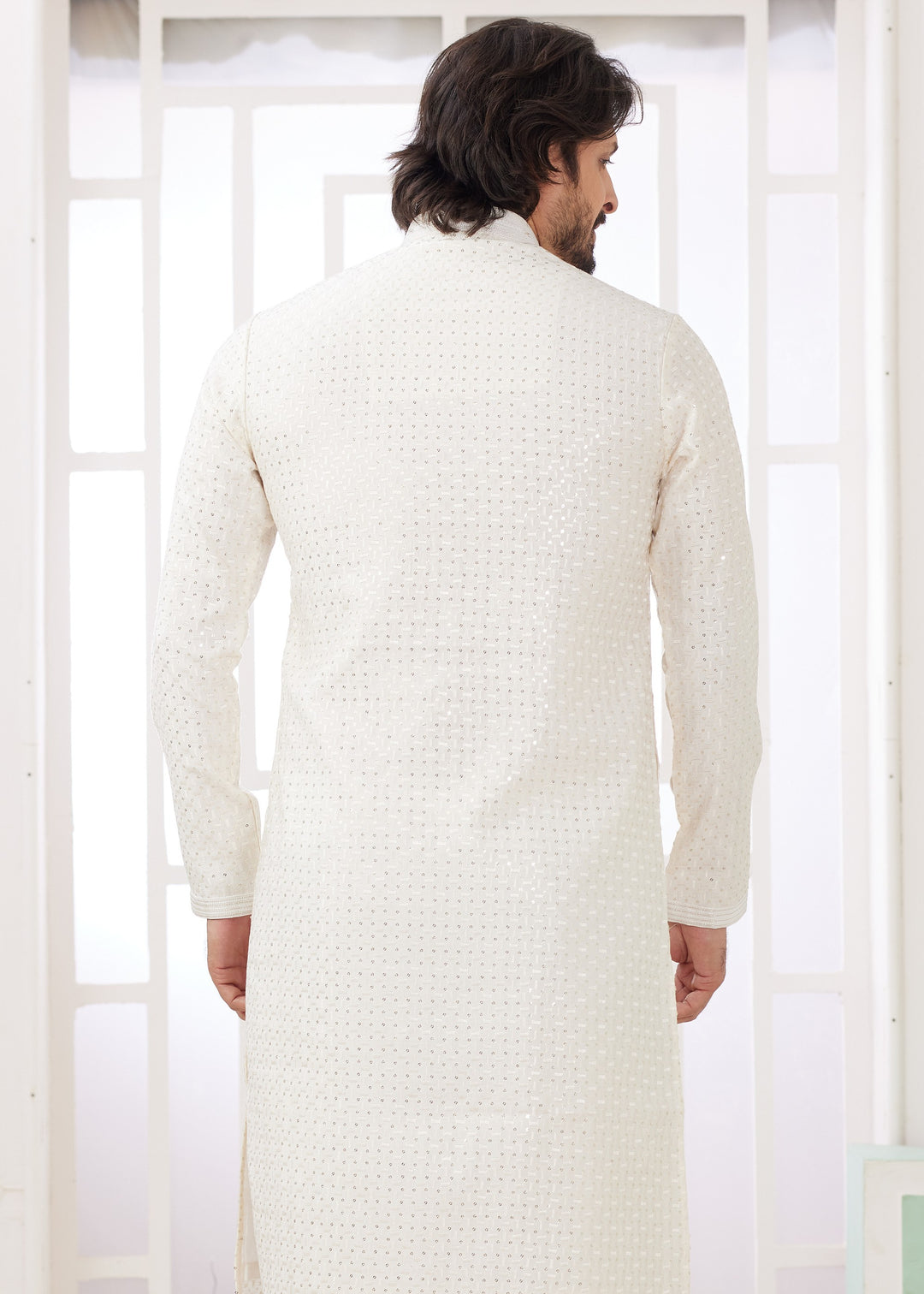Pearl White Silk Kurta Set With Thread Embroidery Work