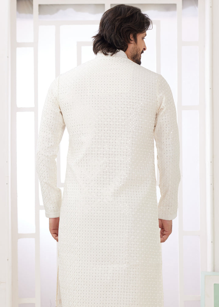 Pearl White Silk Kurta Set With Thread Embroidery Work