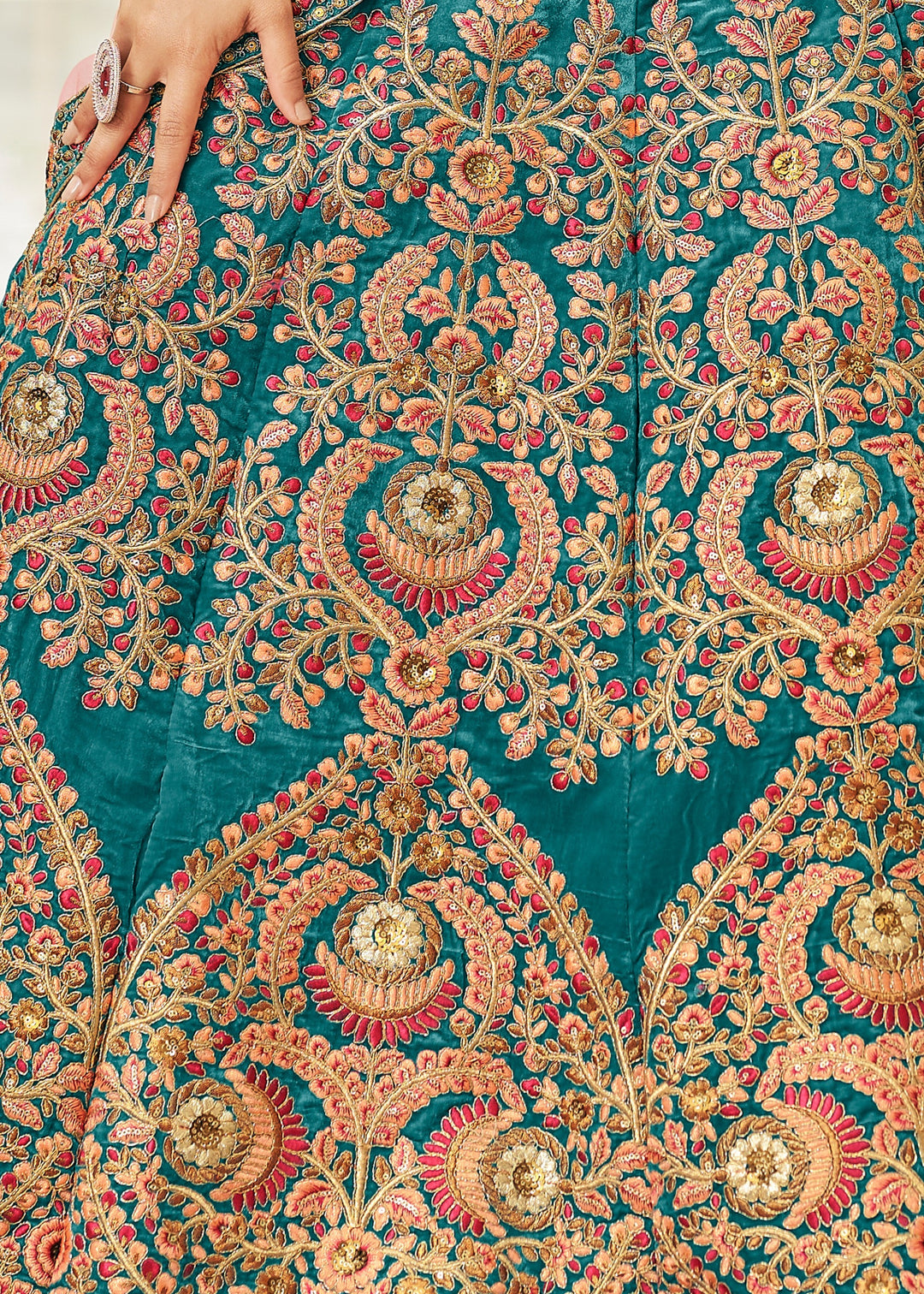 Cerulean Blue Velvet Lehenga Choli With Thread & Zari Embroidery Work