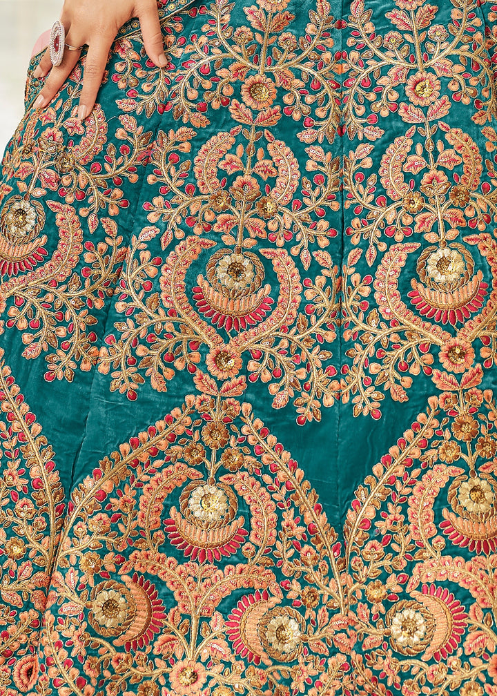 Cerulean Blue Velvet Lehenga Choli With Thread & Zari Embroidery Work