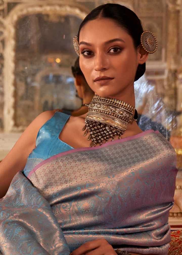 Azure Blue Handloom Weaving Silk Saree