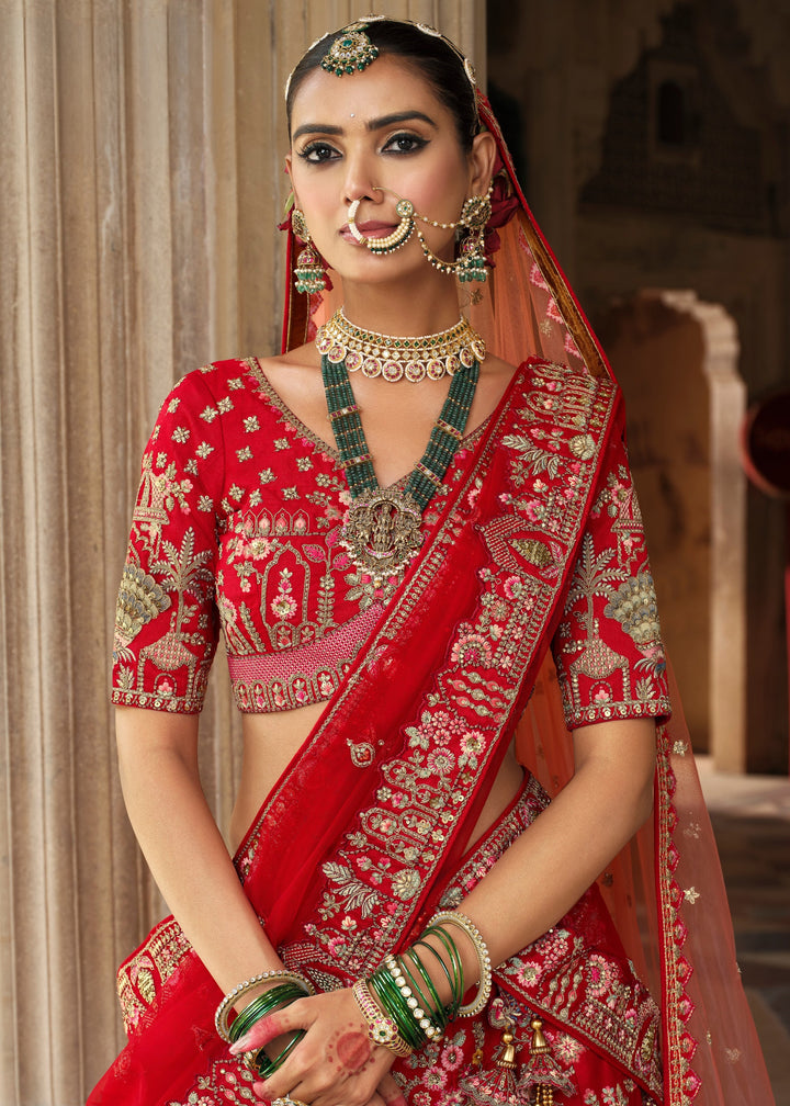 Bright Red Heavy Bridal Silk Lehenga With Khatli And Embroidery Work