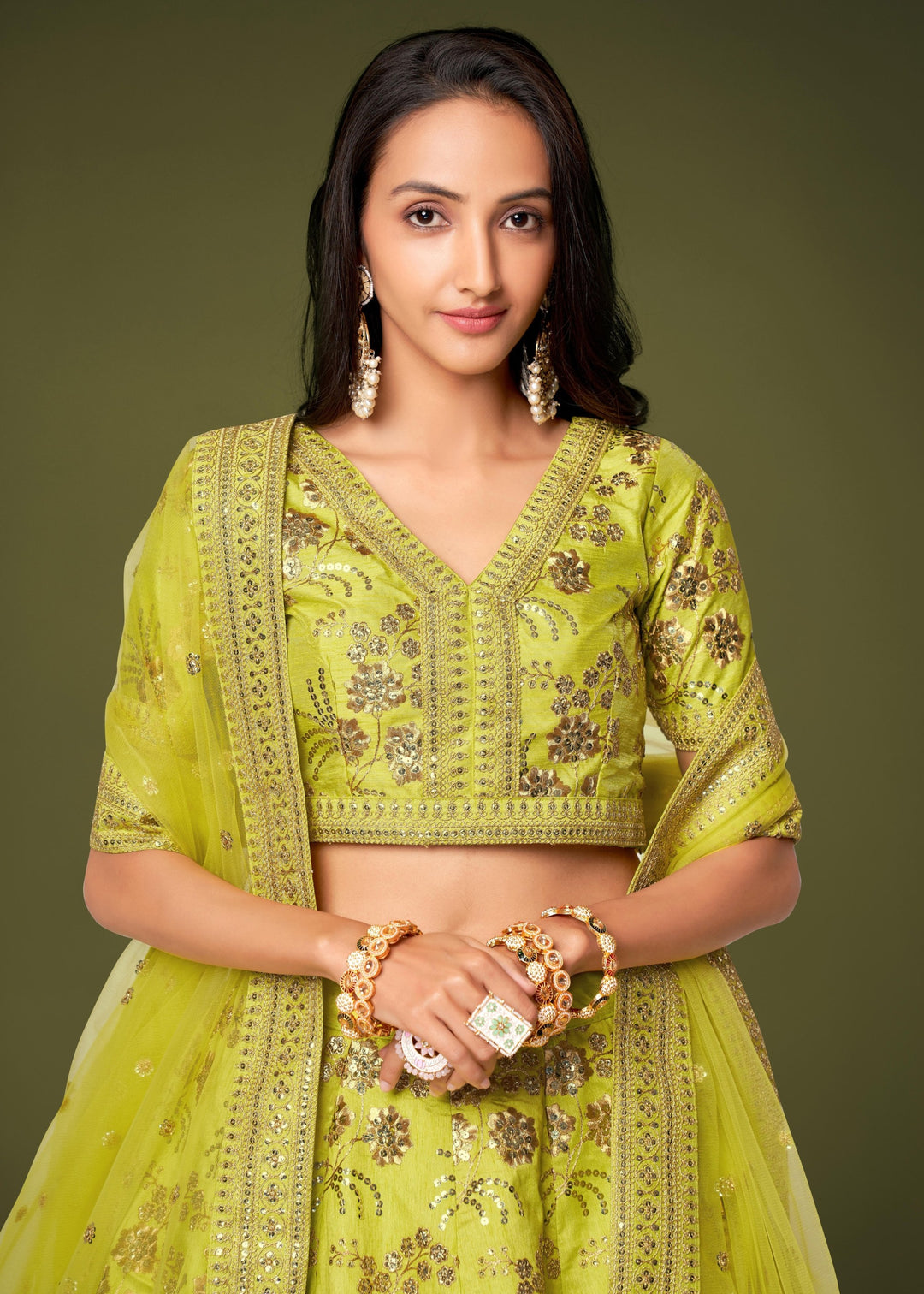 Neon Slub Silk Lehenga with Zari Sequins and Dori Embroidery Work