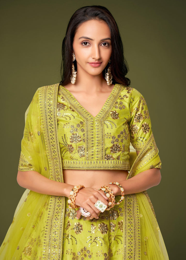 Neon Slub Silk Lehenga with Zari Sequins and Dori Embroidery Work