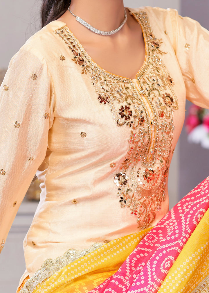 Yellow And Pink Chinon SIlk Plazo Suit With Embroidered Work