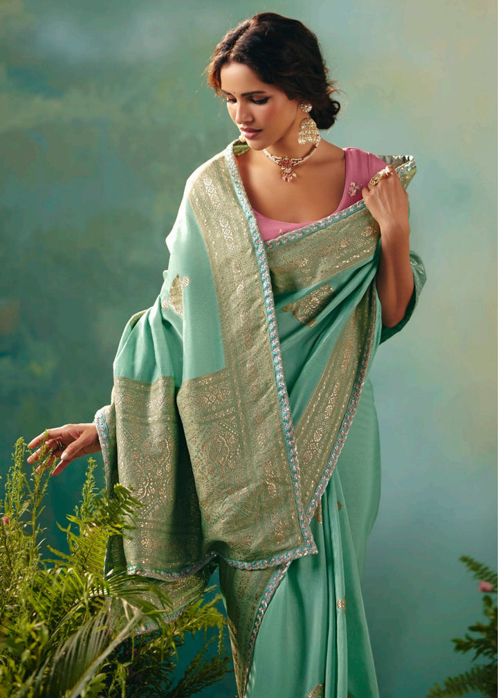 Sea Green Pure Viscose Dola Silk Saree with Zari Weaving & Embroidered Blouse