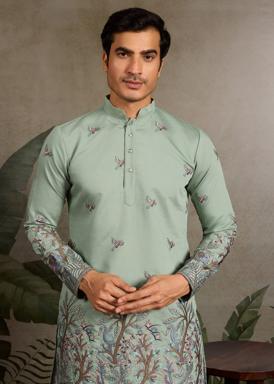 Sage Green Mens Silk Kurta with Pant