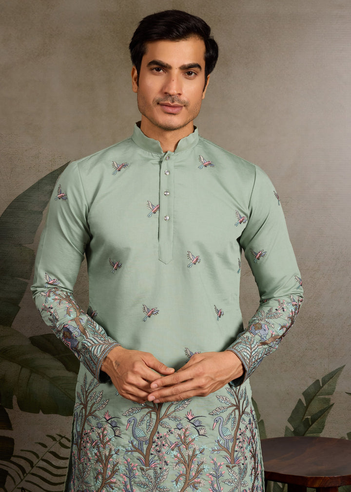 Sage Green Mens Silk Kurta with Pant