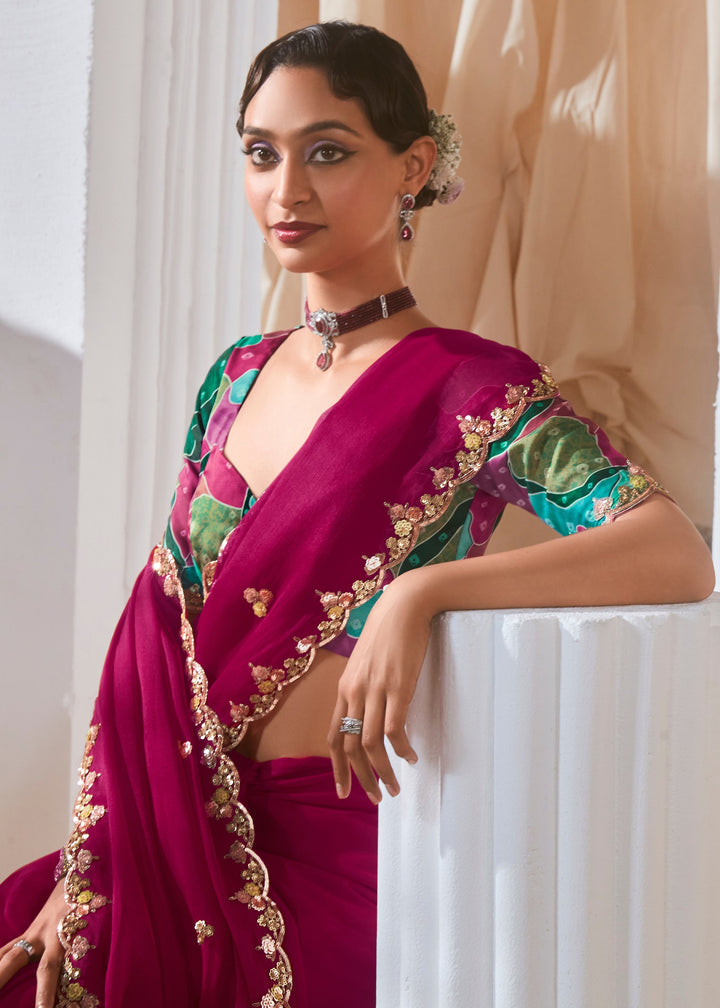 Ruby Pink Fancy Silk Saree With Printed Blouse