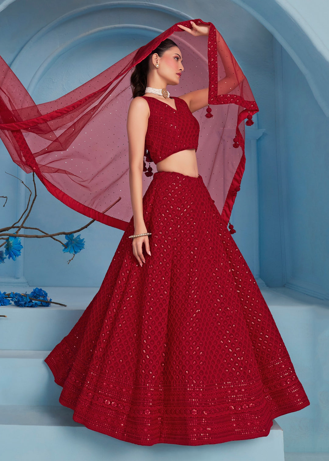 Red Georgette Lehenga With Sequins and Thread Embroidered Work