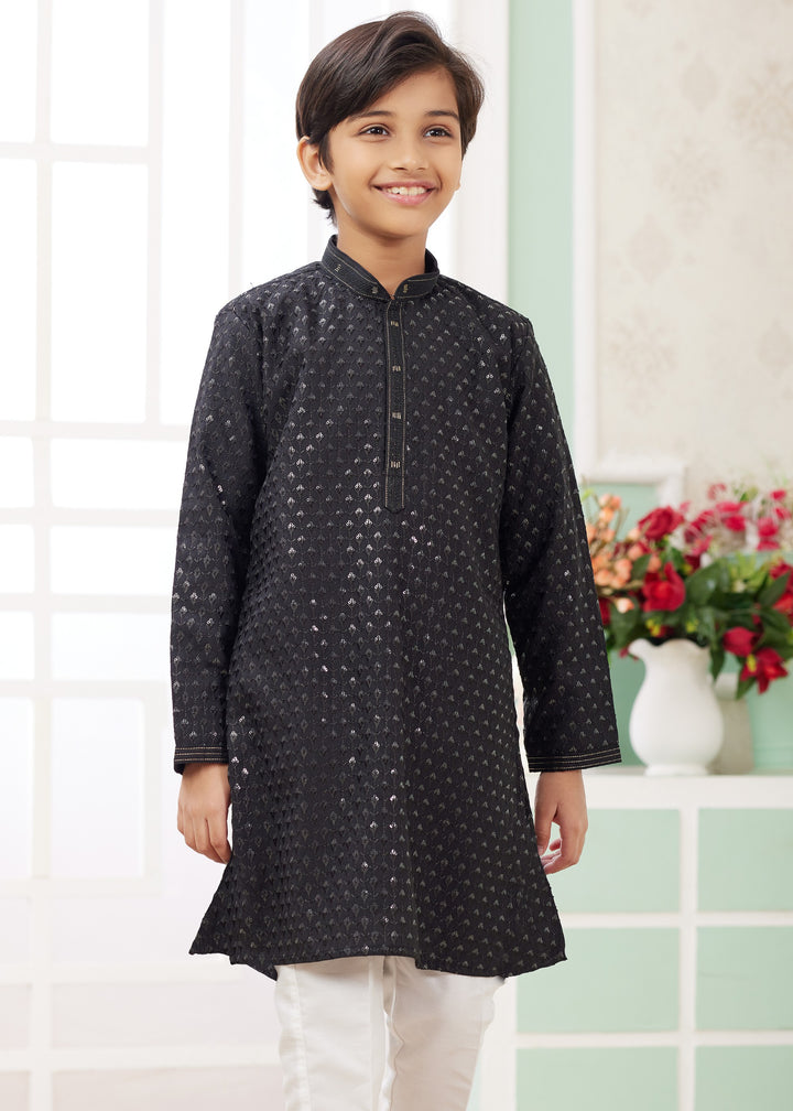 Black Silk Mens Kurta Set With Thread Embroidery Work
