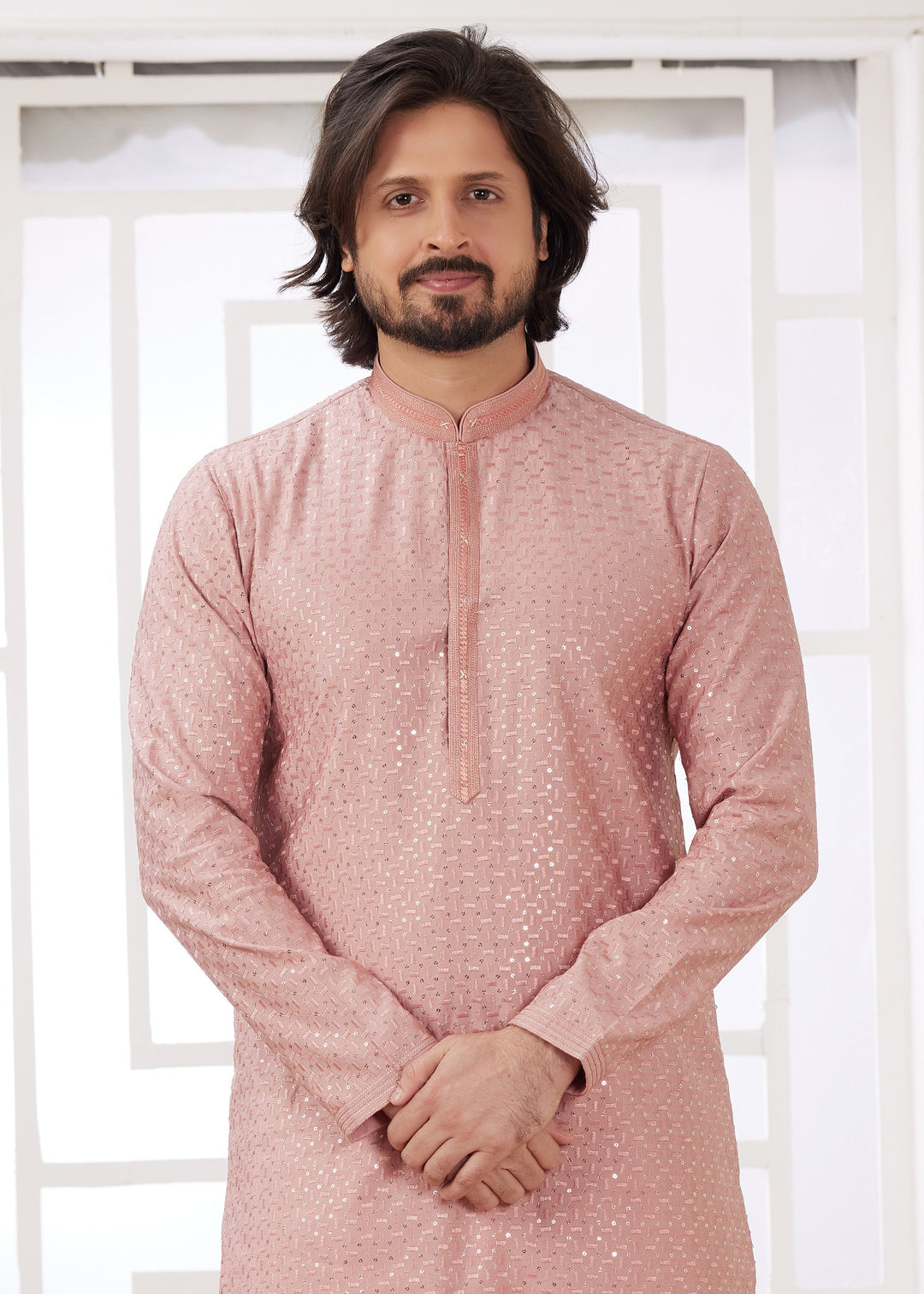 Peach Silk Mens Kurta Set With Thread Embroidery Work