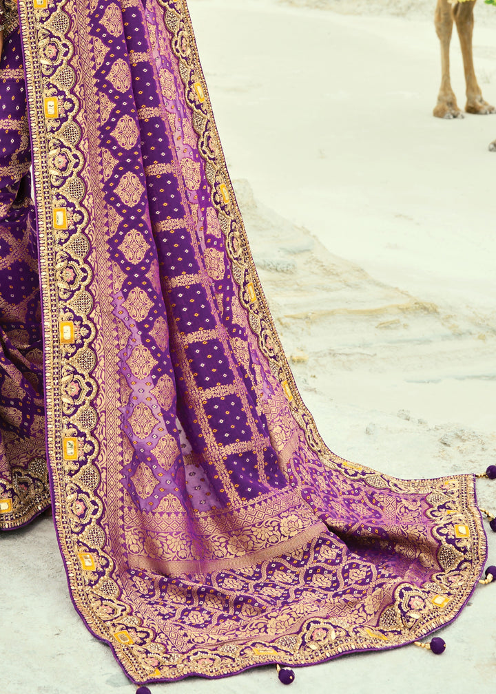 Indigo Purple Georgette Bandhej Saree With Moti & Cut-Dana Handwork Border