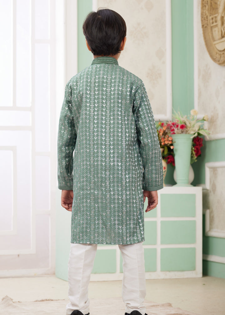 Ocean Green Silk Mens Kurta Set With Thread Embroidery Work