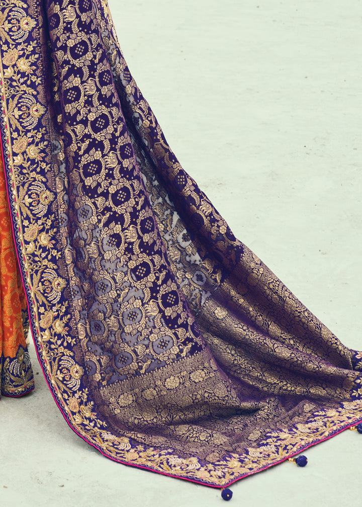 Orange & Blue Georgette Bandhej Saree With Moti & Cut-Dana Handwork Border