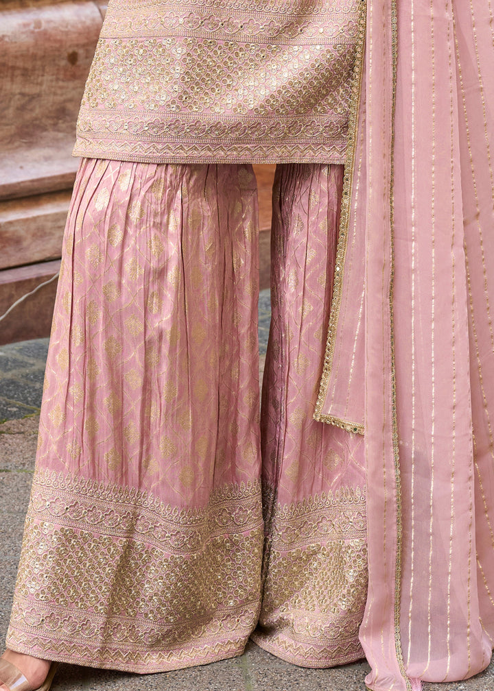 Pastel Pink Viscose Simar Jacquard Silk Palazzo Suit