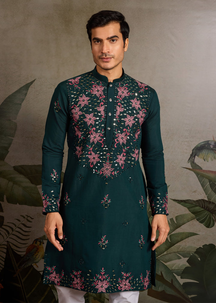 Forest Green Mens Wear Silk Kurta with Pant
