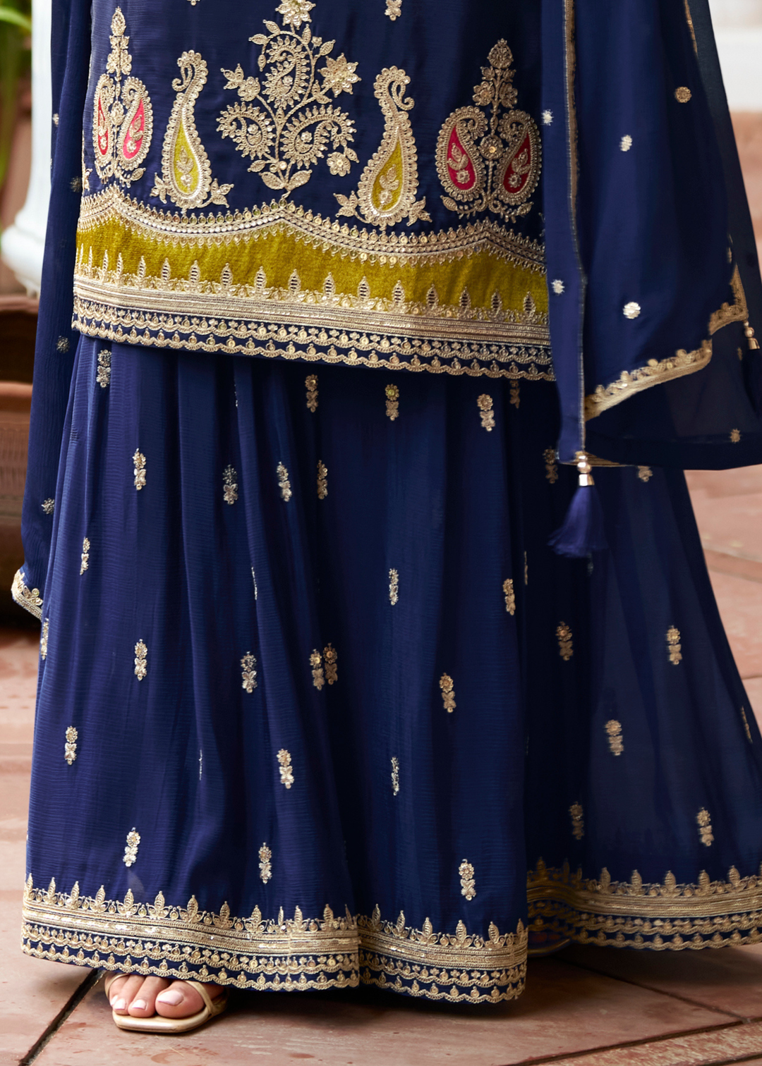 Navy Blue Chinon Palazzo Suit