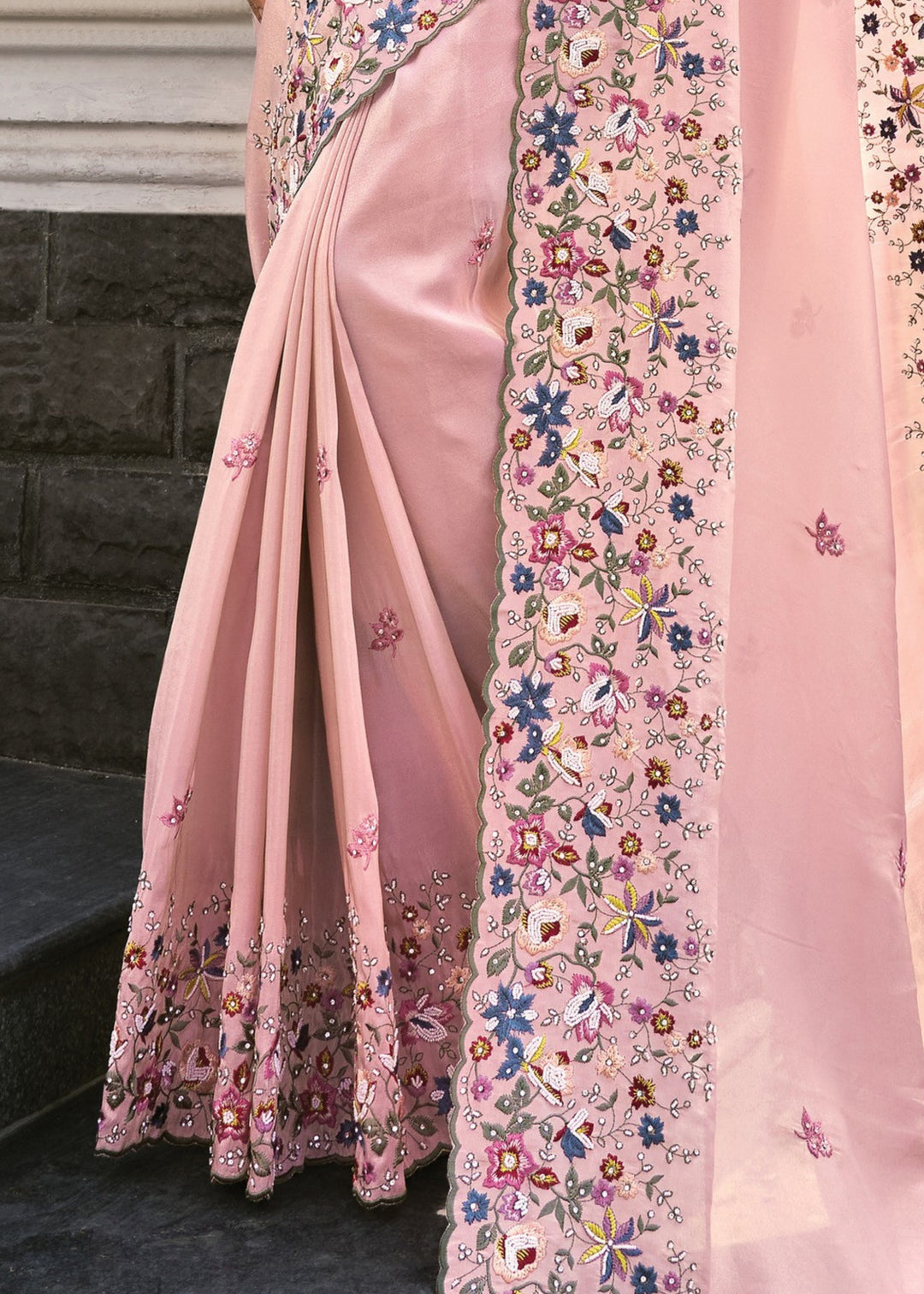 Pink Pure Banarasi Jari Saree With Moti Work