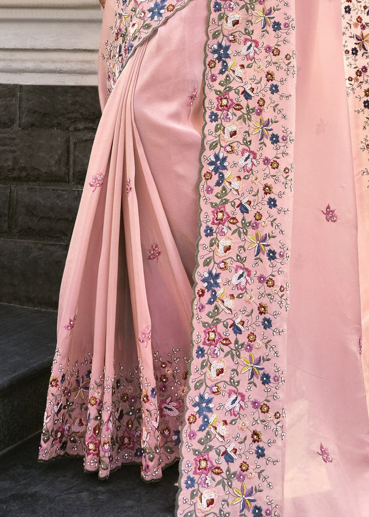 Pink Pure Banarasi Jari Saree With Moti Work