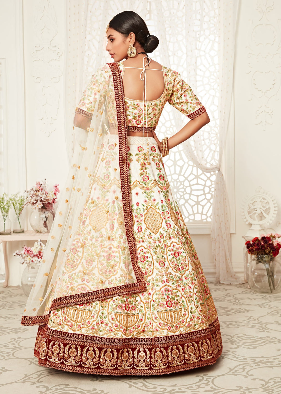 Off-White Art Silk Embroidery Lehenga