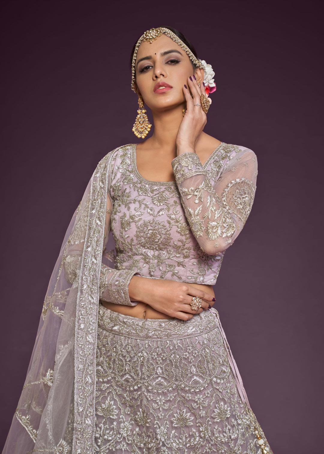 Orchid Soft Net Lehenga with Thread, Zari, Badla and Glitter Dori Embroidery Work