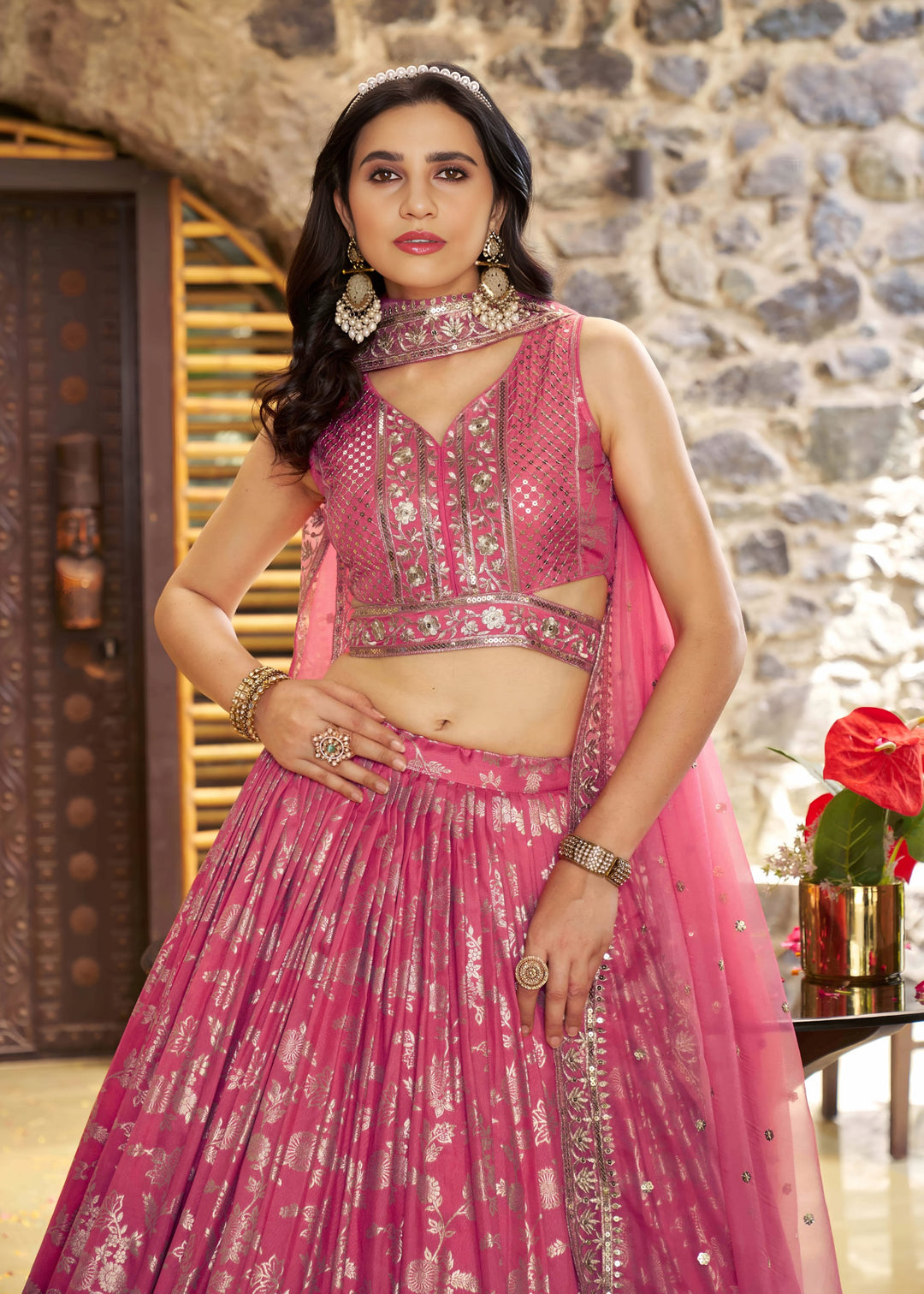 Peach Sequins and Zari Embroidery Work Silk Lehenga
