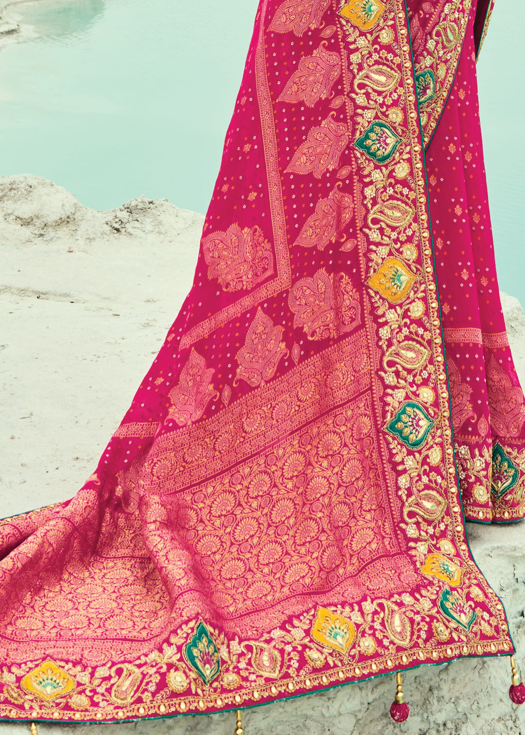 Bright Pink Georgette Bandhej Saree With Moti & Cut-Dana Handwork Border