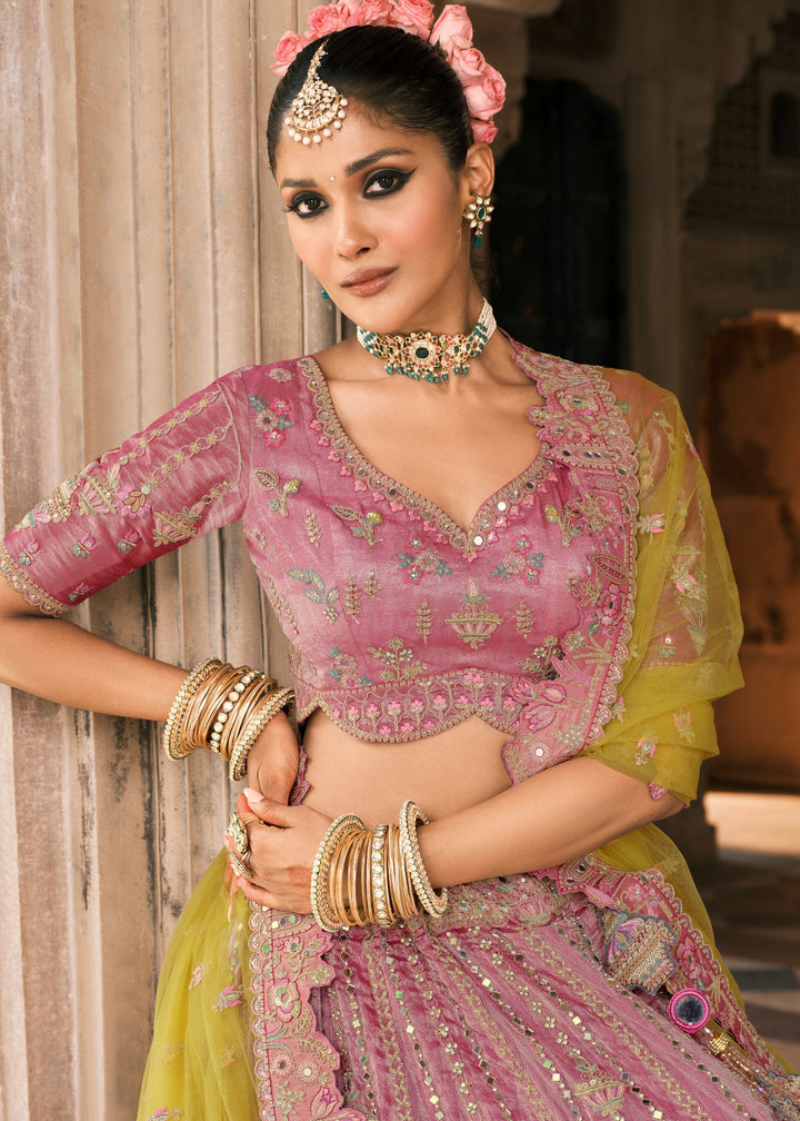 Sunshine Yellow & Pink Fancy Silk Lehenga Choli With Cut Work Embroidery Border & Stone Work