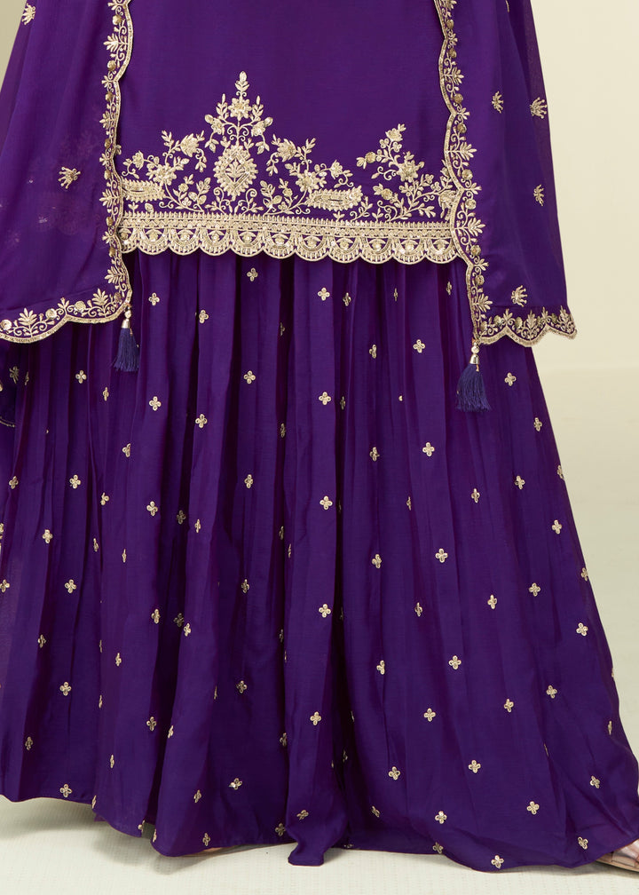 Deep Royal Purple With Golden Embroidery Chinnon Silk Salwar Suit