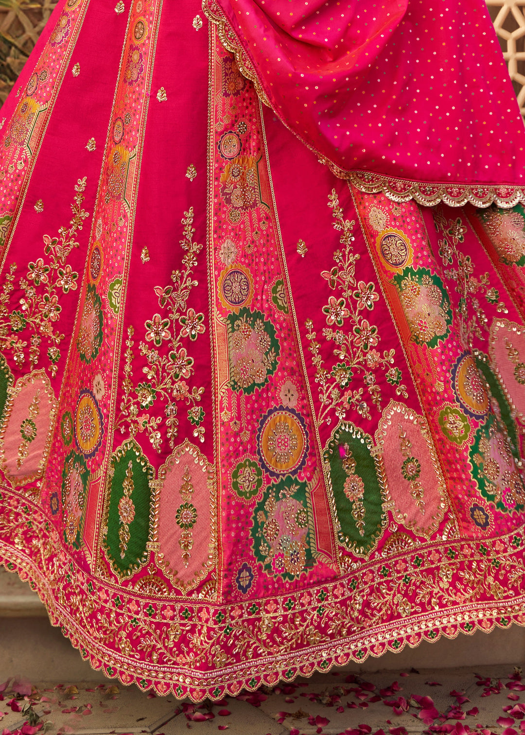 Hunter Green & Pink Banarasi Silk Lehenga Choli With Zarkan And Cut Work