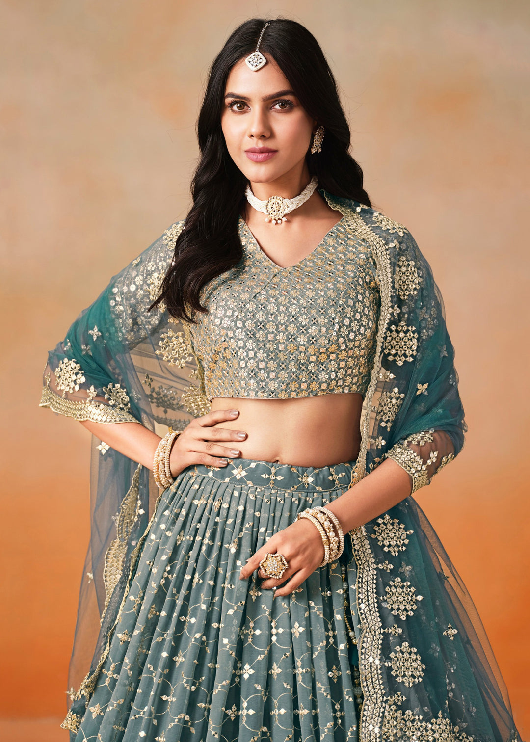 Dove Blue Sequins Zari Embroidered Work Georgette Lehenga