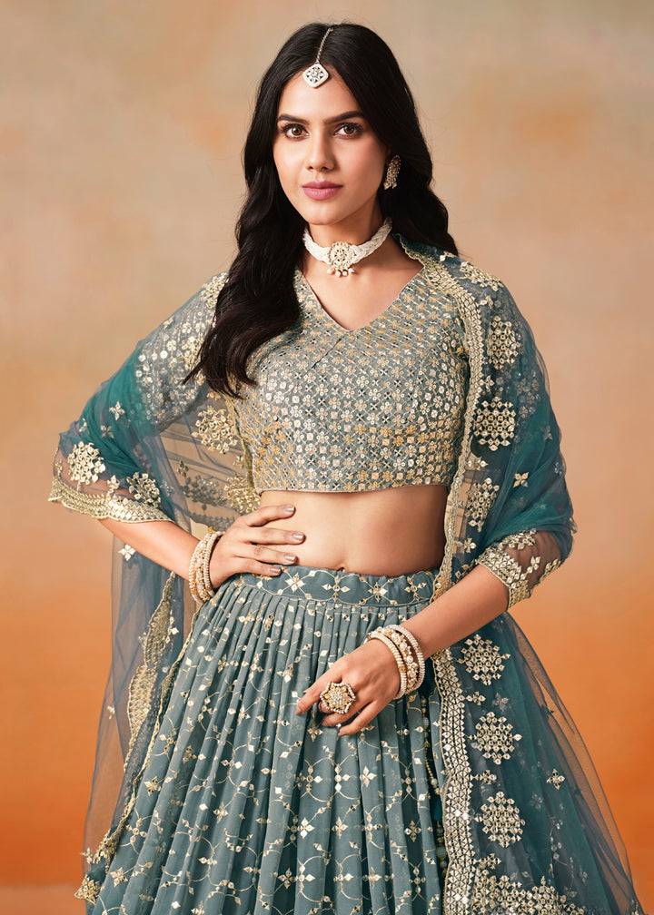 Dove Blue Sequins Zari Embroidered Work Georgette Lehenga