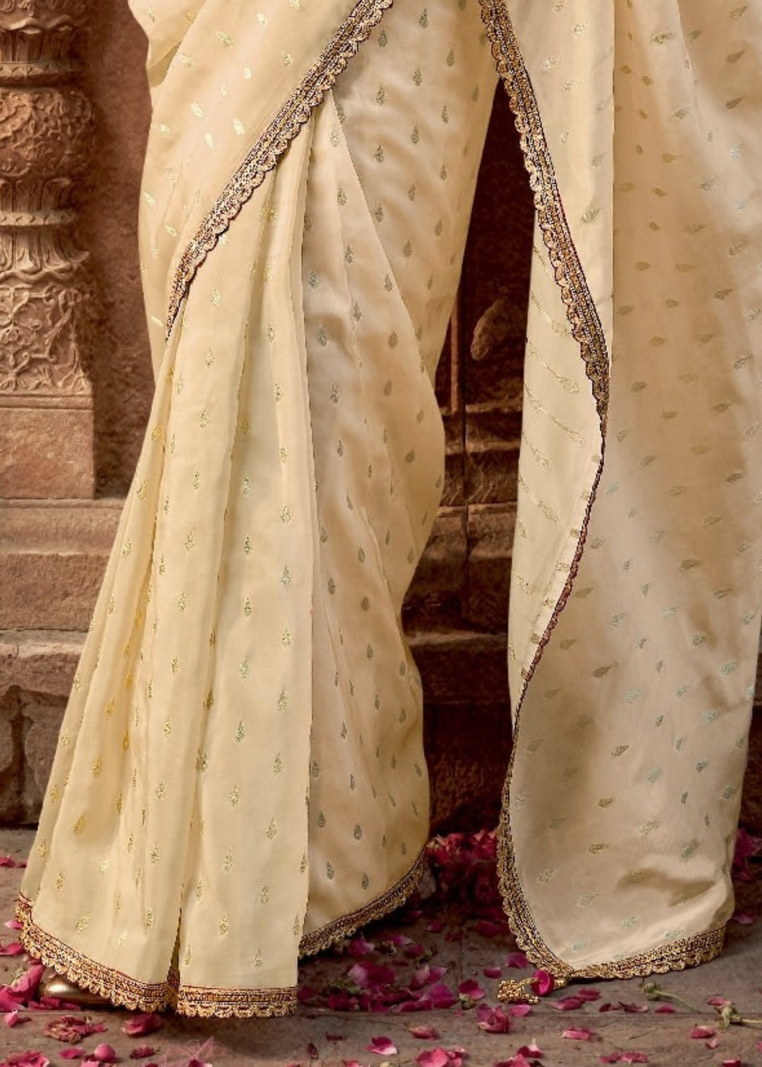 Cream Pure Viscous Crepe based fabric with Hand dying & Butti weaving Saree