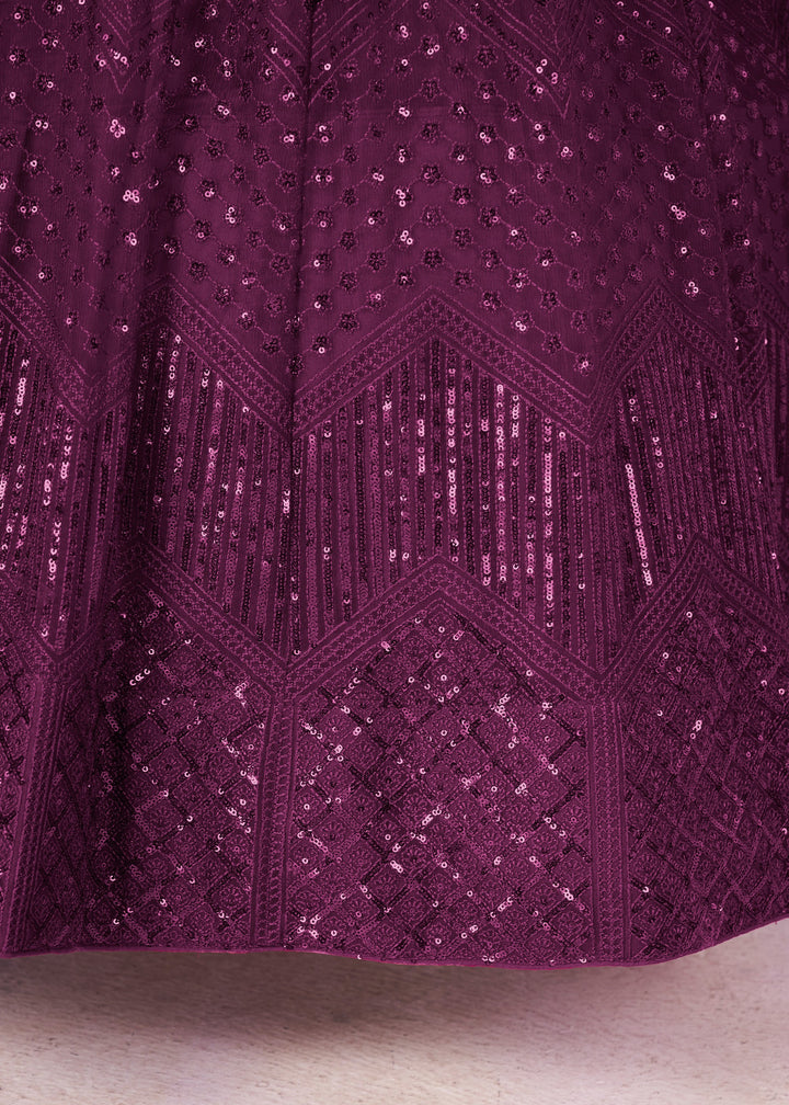 Jam Purple Net Lehenga Choli With Sequins And Thread Embroidery Work