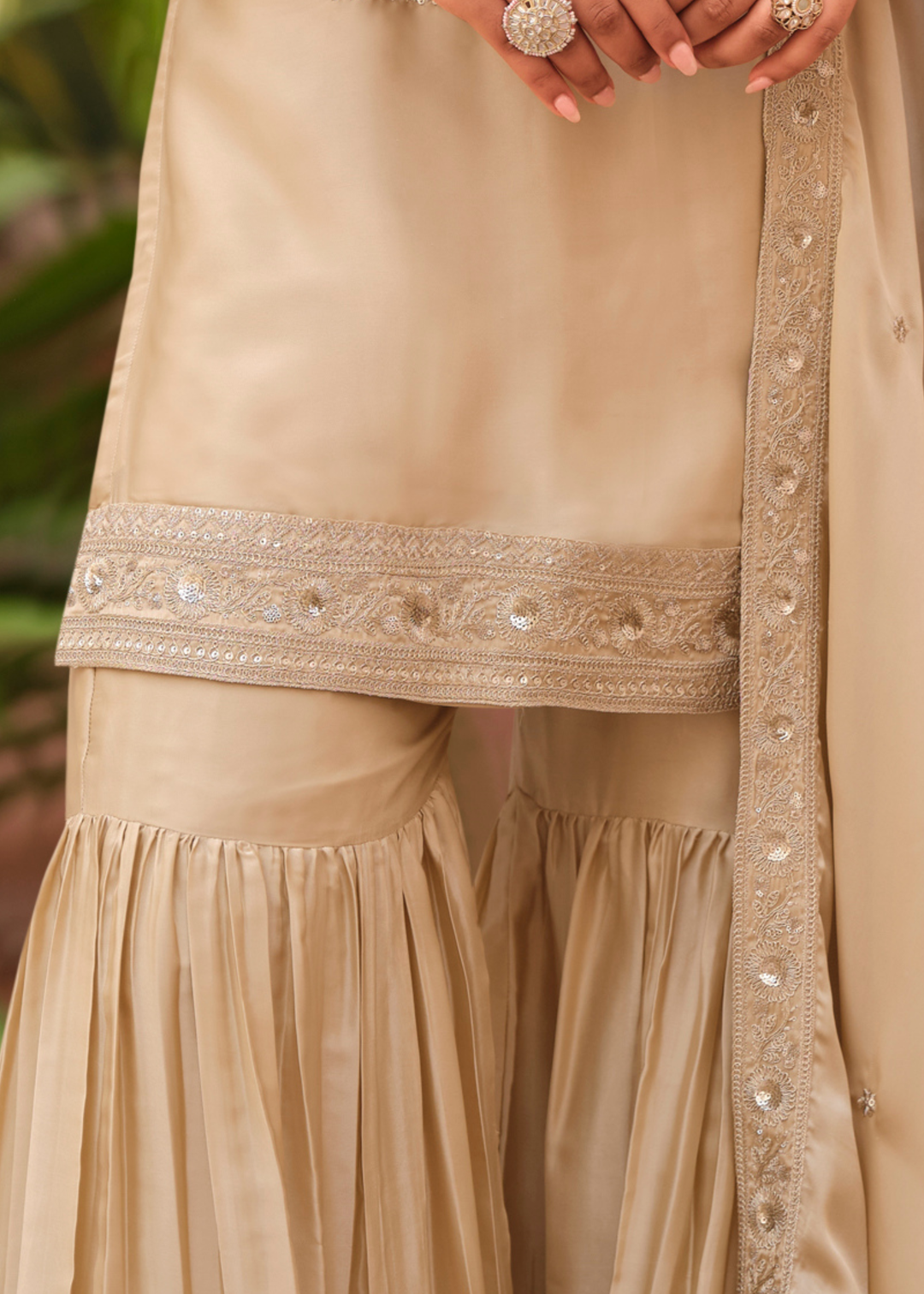 Champagne Beige Silk Satin Sharara Suit