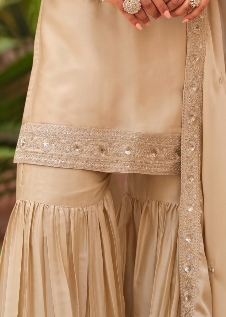 Champagne Beige Silk Satin Sharara Suit