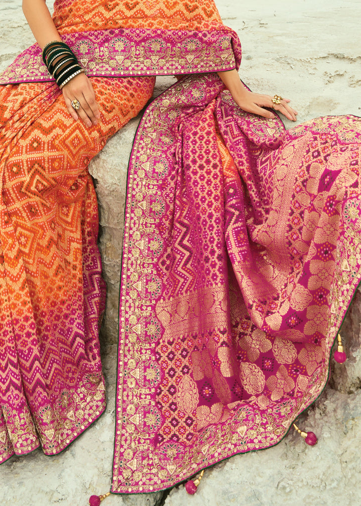 Tangerine Orange & Pink Georgette Bandhej Saree With Moti & Cut-Dana Handwork Border