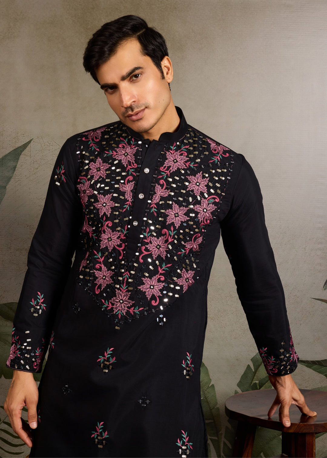 Deep Black Mens Wear Silk Kurta with Pant