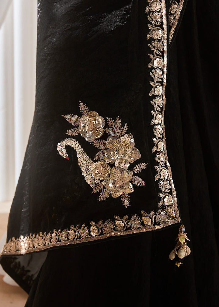 Coal Black Fancy Silk Saree With Printed Blouse